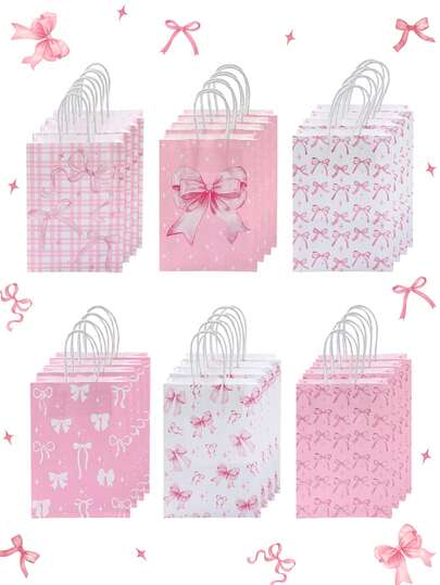 6Pcs Pink Bow Paper Gift Bags,Pink Bow Themed Party Favor Bags,BabyShower Goodie Bags,Small Kraft Paper Bags,Paper Tote Bags,Pink Birthday Decorations,Birthday Wedding & Bachelorette Party Decorations,Bridal Shower Decor,Holiday Gift Packaging Bags,Handheld Bags,Shopping Bags,Paper Tote Bags,Bow Decor,Babe Shower Gift ﻿