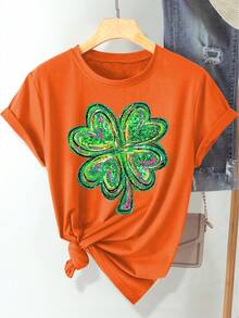(St. Patrick's Day) Green Pink Black Glitter Texture Design Four-Leaf Clover Pattern Print Fashion Elegant Women's Spring Summer Autumn Casual Sports Style Top Soft Comfortable Round Neck Short Sleeve T-Shirt Available In S-XXL - 橘色 - 查看 1