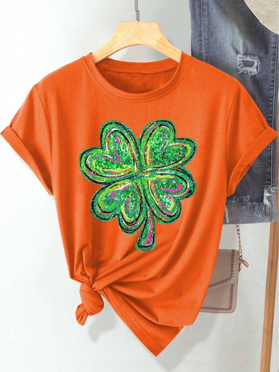 (St. Patrick's Day) Green Pink Black Glitter Texture Design Four-Leaf Clover Pattern Print Fashion Elegant Women's Spring Summer Autumn Casual Sports Style Top Soft Comfortable Round Neck Short Sleeve T-Shirt Available In S-XXL - 橘色 - 查看 1
