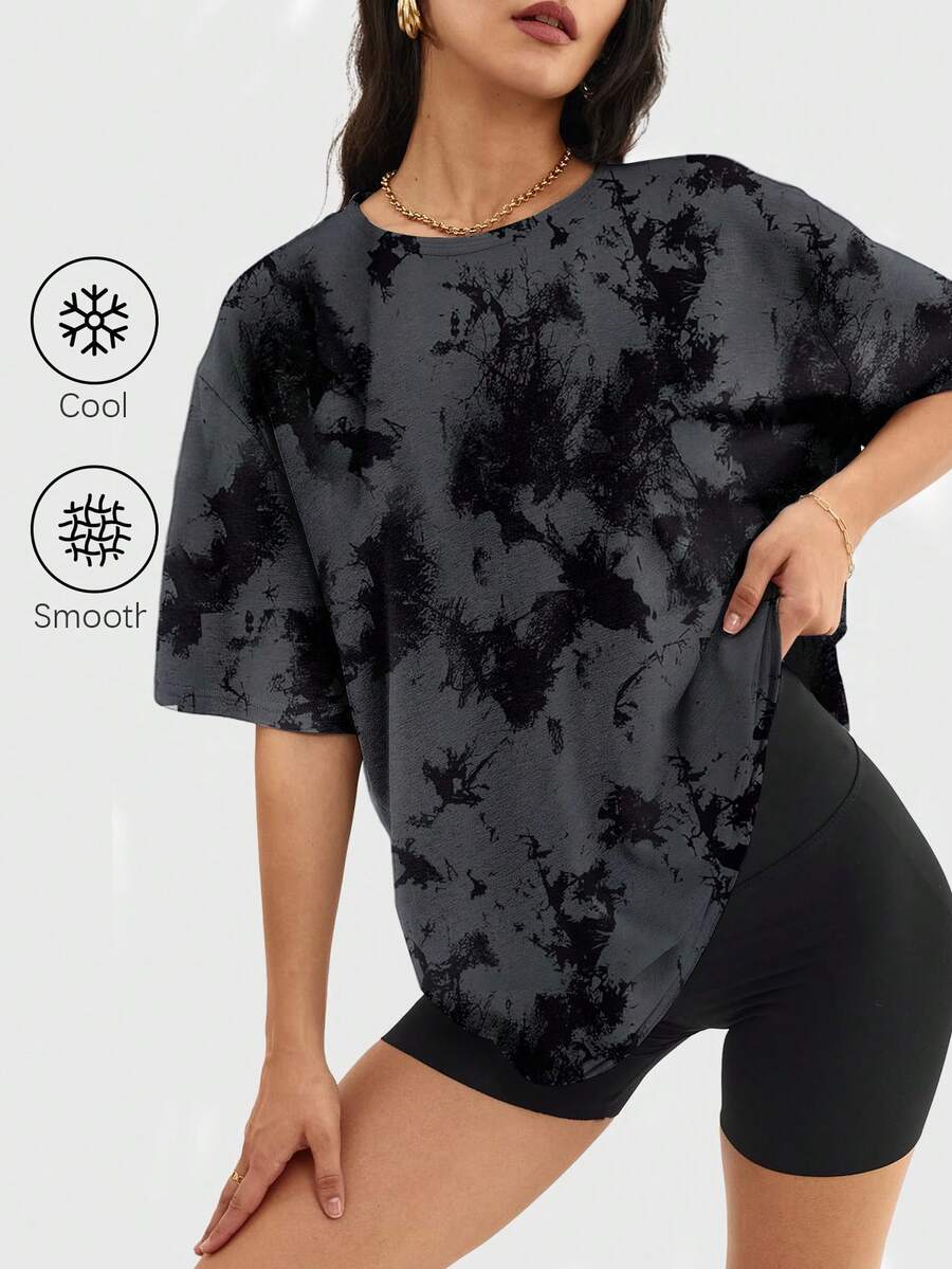 Camiseta de mujer de manga corta con cuello redondo en degradado, top casual de corte holgado, para primavera/verano y deportes - Negro - Ver 1