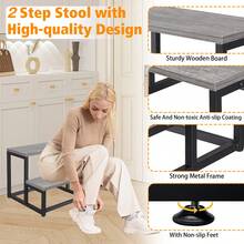 Escalera de dos peldaños resistente, capacidad de carga de hasta 227 kg, con elevador y zapatero para dormitorio, cocina y baño - Marrón, Escalera de baño | Diseño elegante | Escalera - Gris - Ver 6