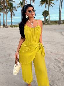 AIJ Amarillo Yellow Sexy Spaghetti Strap Loose Waist Design Casual Jumpsuit, Outerwear Jumpsuit, Holiday Beach Outfit, Music Festival Outfit, Spring/Summer New Women's Fashion - Mustard Yellow - View 4