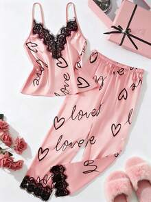 2pcs Women's Sexy Lingerie Set, Adjustable Strap V-Neck Lace Trim Top Paired With Ruffle Lace Trim Long Pajama Pants, Comfortable Sleepwear Set For Home & Outdoor - Pink - View 1