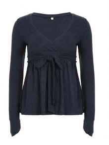 Women Y2K Babydoll Knit Tops Long Sleeve Lace Patchwork Low Cut Peplum Sweater Fairy Vintage 90s Coquette Blouse - 藍色 - 查看 6