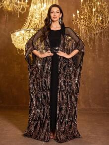 SUPGIR [随机印花] 女士长袖亮片拼接腰带晚礼服 - 黑色 - 查看 7