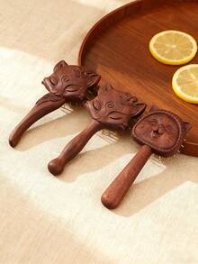 1pc Sandalwood Carved Massage Comb, Delicate Engraved Unique Fox & Cat Pattern, Soft Air Cushion Design, Hair Scalp Massage, Suitable For Home Use And Gift Giving - Rust Brown - View 10