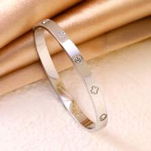 3pcs/Set Titanium Steel Four-Leaf Clover Bracelet + Rhinestone Bracelet + Nail Bracelet, Luxury Layered Wear Set - Silver - View 3