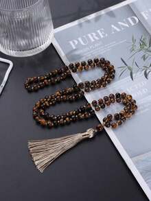 6mm 108 Mala Beaded Necklace Natural Tiger Eye Stone Knotted Necklace Tassels Long Chain Men Women Meditation Jewelry Bohemia Style - 棕色 - 查看 2