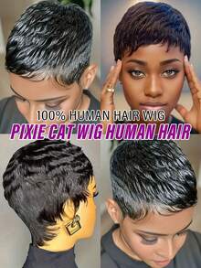 [Pelucas de corte pixie corto] Pelucas de cabello de corte corto natural - Elegantes pelucas de corte pixie corto para mujeres - Peluca de cabello humano mezclado - Natural y Negro - Ver 5