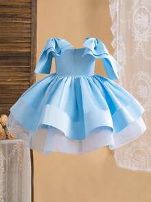Young Girls' Simple Elegant Satin Dress With Thick Straps & Big Bow, Suitable For Birthday Party, Prom, Holiday Celebration, Does Not Include Headband - Baby Blue - View 3