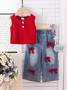 女童街头时尚休闲背心套装（含3D蝴蝶结上衣和做旧牛仔裤），夏季穿搭 - 酒紅色 - 查看 1