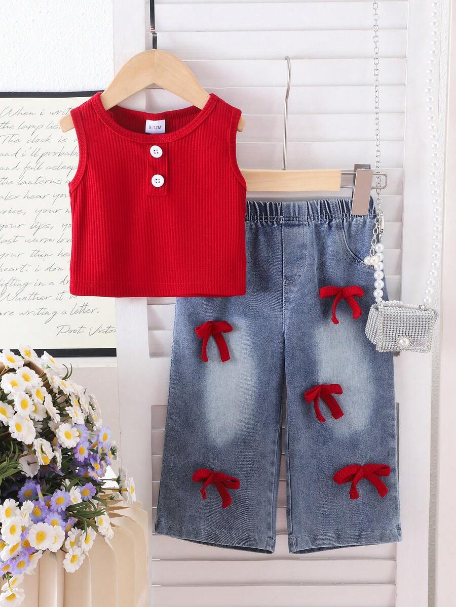 女童街头时尚休闲背心套装（含3D蝴蝶结上衣和做旧牛仔裤），夏季穿搭 - 酒紅色 - 查看 1