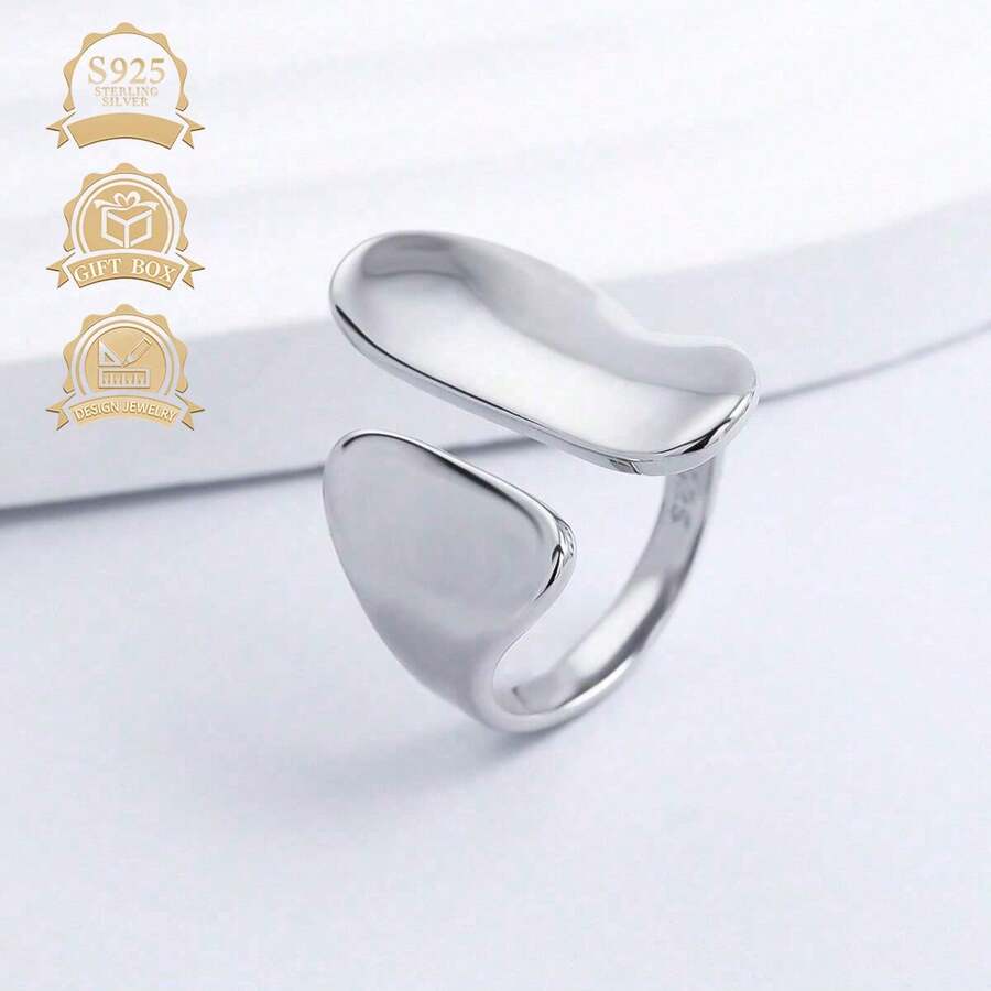 1pc S925 Silver Minimalist Asymmetrical Wide Band Adjustable Ring, Versatile Gift For Holidays - Silver - View 1