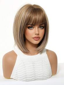 12英寸时尚渐变棕色波波头假发，带刘海，100%桑蚕丝材质，哑光质感，耐热，直发造型，透气玫瑰网帽，适合日常佩戴、派对、角色扮演、节日等场合，是送给女友、参加嘉年华和其他活动的绝佳礼物。 - 亞麻棕 - 查看 4