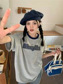 休闲厚绒字母印花宽松短袖T恤 - 灰色 - 查看 5