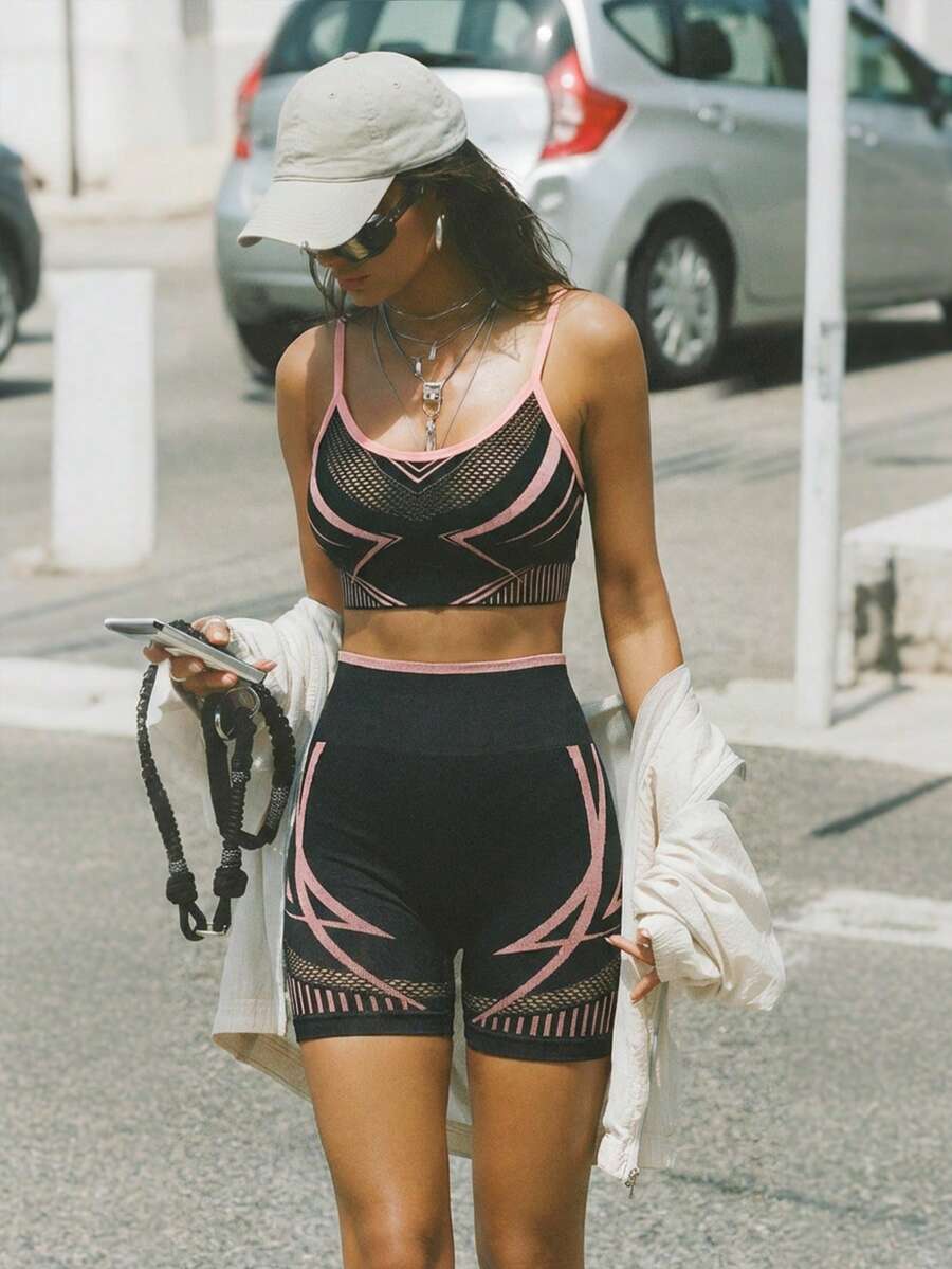 一套女士时尚紧身塑形提拉运动服 - 粉色 - 查看 1