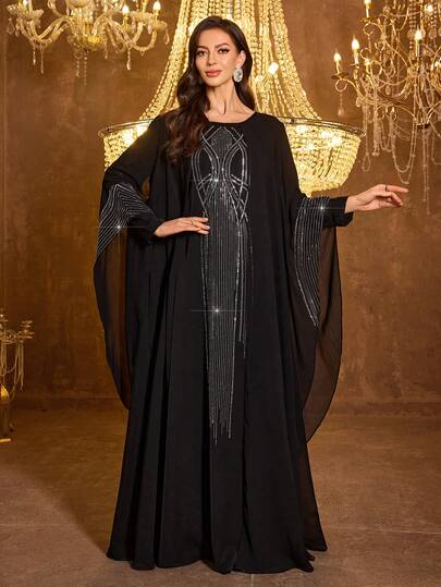  UNITHORSE 女士圆领长袖珍珠装饰雪纺晚礼服