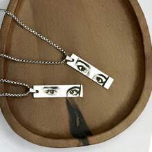 Custom Engraved Photo Bar Necklace, Personalized Eye Portrait Image Pendant, 18K Gold Plated Stainless Steel Square Chain, Emotional Jewelry Gift - Silver Sculpted Eyes - View 6