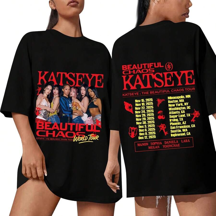 KATSEYE Shirt For Womens Music Album KATSEYE Merch Tee Graphic Top Short Sleeves Crewneck Shirt For Fans T-Shirt - màu đen - Xem 1