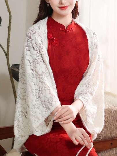 1 chiếc áo khoác sườn xám cho nữ, kiểu dáng ren dệt kim, tay áo cánh dơi rộng, đa năng cho mùa xuân, hè và thu.