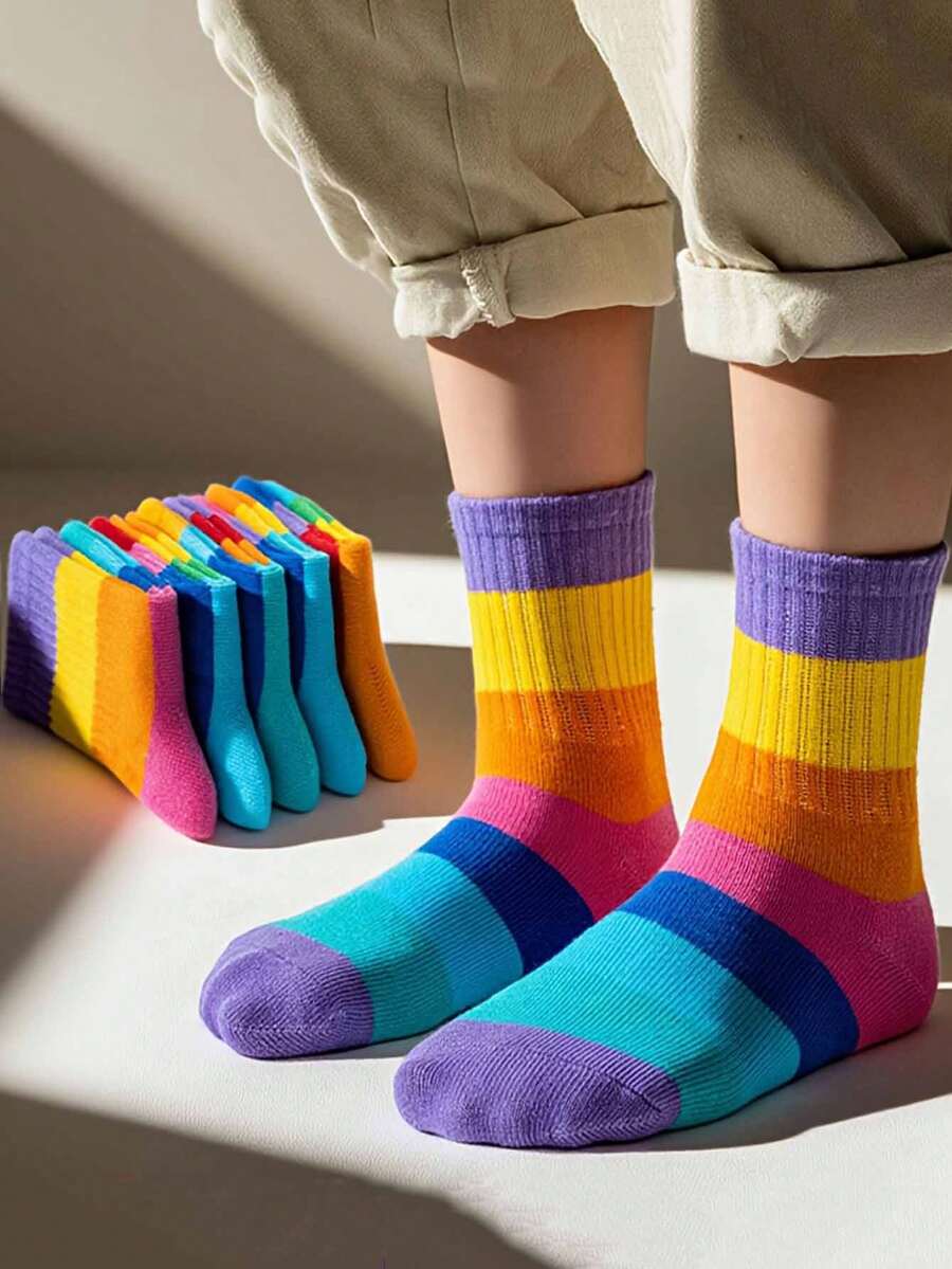 5双装女童彩虹中筒袜 - 彩色 - 查看 1