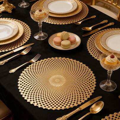 1-200pcs Gold Round Minimalist PVC Placemats, Washable, Easy To Clean, Wipe-Clean, Non-Slip, Holiday Wedding Party Dining Table Decor
