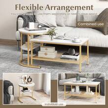 COSTWAY Coffee Table Nesting Set Of 2, Detachable Rectangular Table & Round Table Set W/Faux White Marble Tabletop, Sturdy Metal Frame, Modern Stacking Side Table For Living Room, Bedroom, Apartment, Gold - Gold - View 8