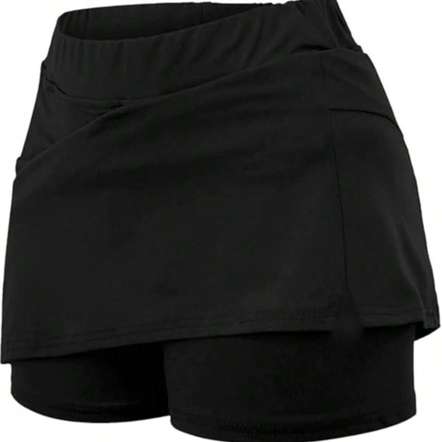 Women's 2‑In‑1 Yoga Skort – Choose Heather Grey Asymmetrical Skirt With Side Pocket, Orange Zip Pocket Sport Skort, Or Black Flat Skirt With Front Pleat & Boyshort Liner | Mid‑Rise Wide Waistband, Hidden Shorts For Coverage & Freedom Of Movement - màu đen - Xem 1
