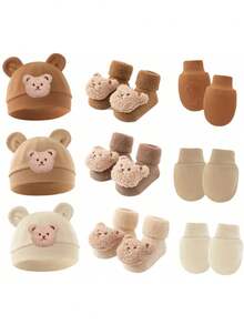 3pcs Baby Bear Ear Hat, Scratch Mittens & Booties Set, Infant Beanie Cap Suitable For 0-6 Months Babies - 3pcs/set - View 1
