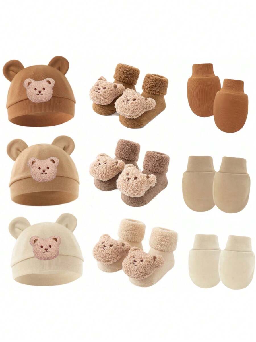 3pcs Baby Bear Ear Hat, Scratch Mittens & Booties Set, Infant Beanie Cap Suitable For 0-6 Months Babies - 3pcs/set - View 1