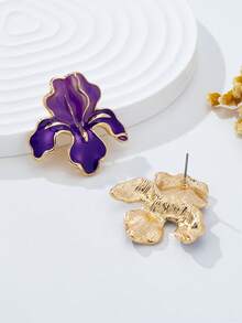 1对时尚百搭复古油滴花朵耳钉 - 彩色 - 查看 4