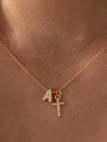 Dây chuyền mặt thánh giá đơn giản và thanh lịch, màu vàng, dây chuyền chữ cái dành cho nữ, dây chuyền đeo quanh xương quai xanh, phụ kiện tạo nên vẻ nữ tính, phù hợp để đeo hàng ngày. - Vàng - Xem 1