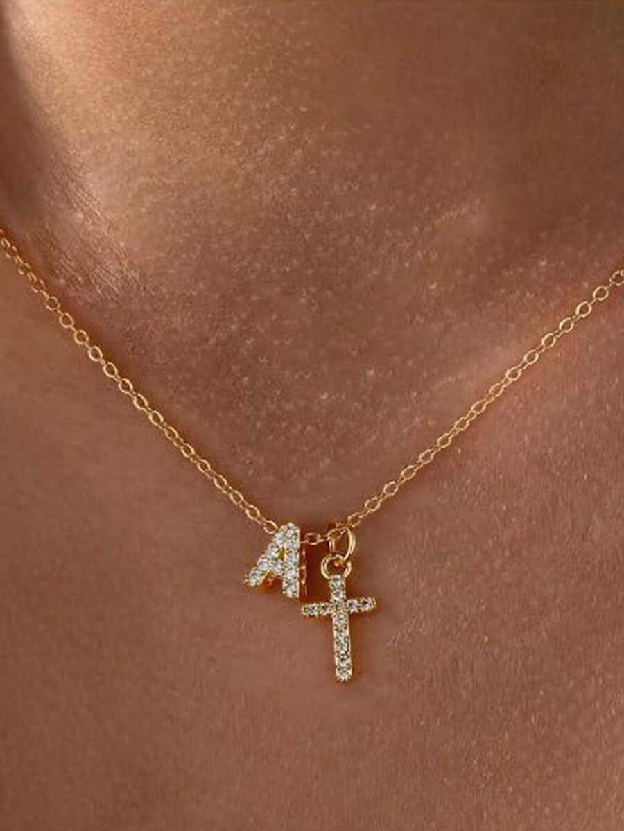 Dây chuyền mặt thánh giá đơn giản và thanh lịch, màu vàng, dây chuyền chữ cái dành cho nữ, dây chuyền đeo quanh xương quai xanh, phụ kiện tạo nên vẻ nữ tính, phù hợp để đeo hàng ngày. - Vàng - Xem 1