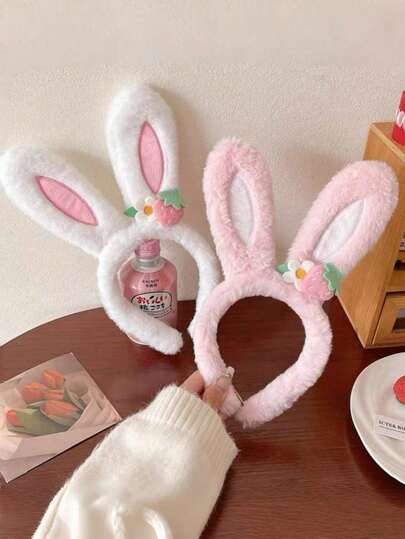 1/2件装 青少年/女孩可爱兔子、草莓和花朵图案毛绒防滑发箍，甜美时尚发饰