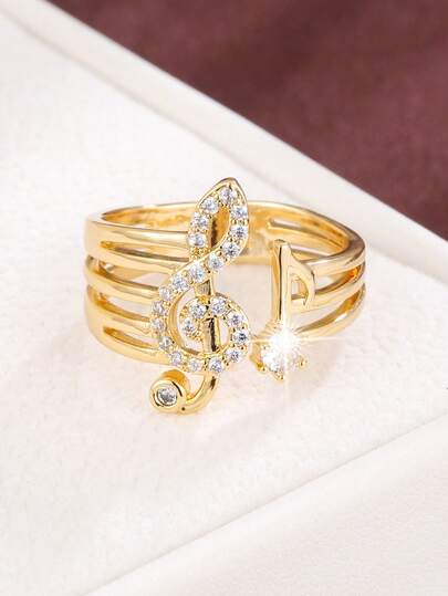 1pc Classic Music Note Shaped Artificial Zirconia Decorated Adjustable Open Ring For Women