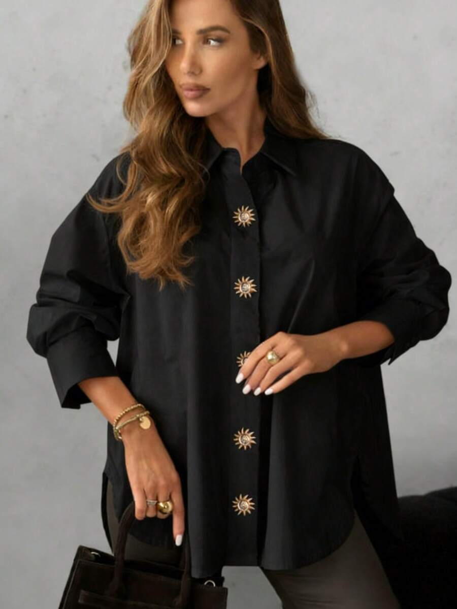 Solstice Apparel Front Button Embellished Metal Sun Disc Dropped Shoulder Lapel Collar Loose White Women Shirt, Casual Blouse For Commute And Office Wear Black Spring - Black - View 1
