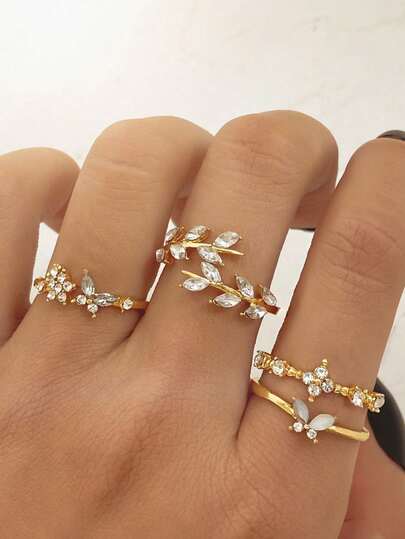 4 Stücke Schmetterling & Weizen Quaste Diamant Offener Ring, geeignet für den täglichen und Urlaubsgebrauch von Frauen, perfektes Geschenk zum Valentinstag, Muttertag