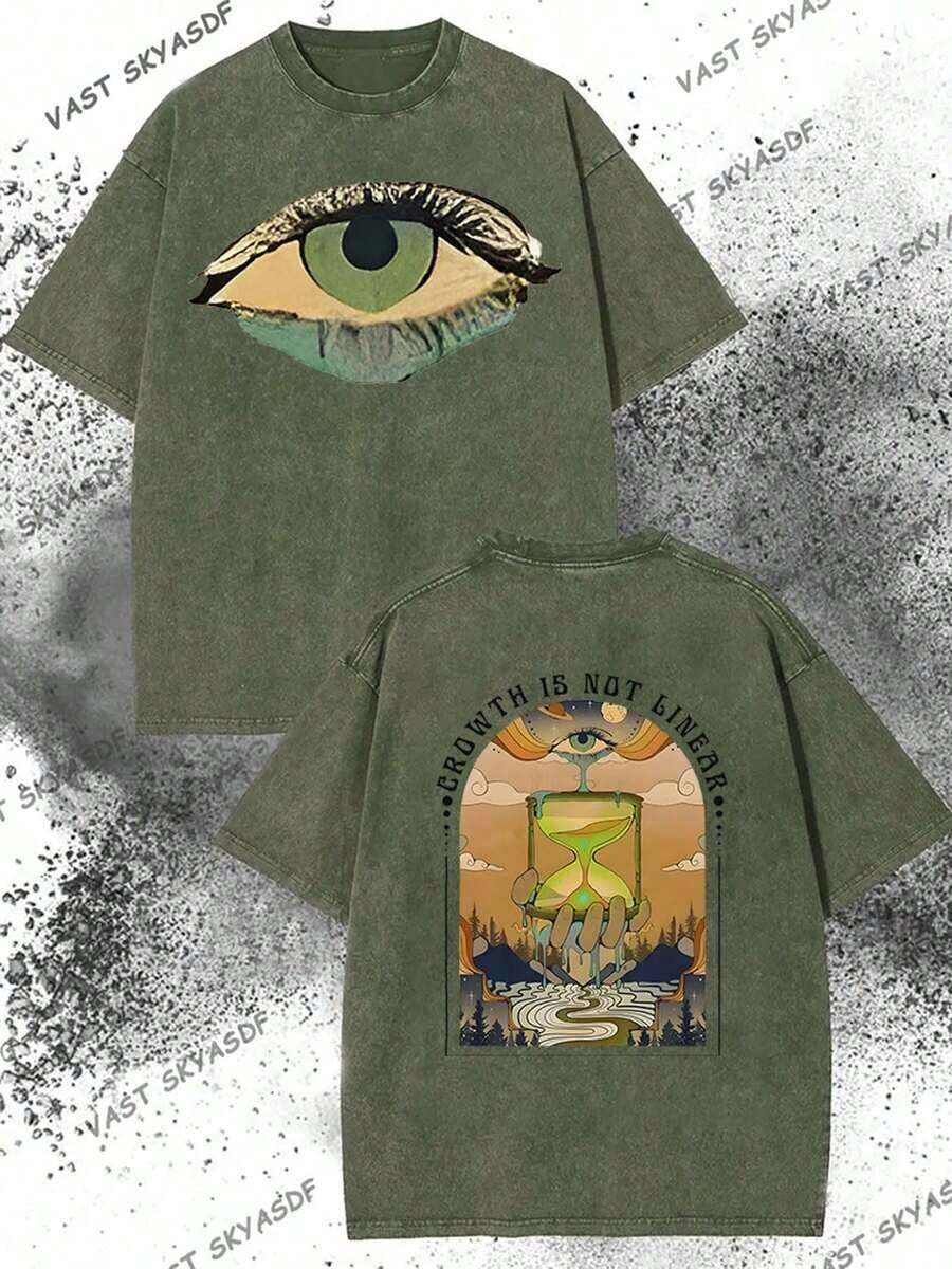 230g Washed Distressed Pure Cotton Tee, Double-Sided Non-Linear Growth Wax Print, Crew Neck Short Sleeve, Fashion Casual Top, Ideal Holiday Gift - 軍綠色 - 查看 1