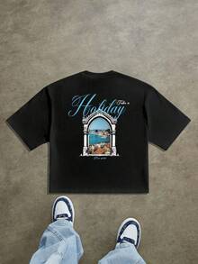 Shirts Manfinity Homme Street Style Casual Vacation Scenic Graffiti Print Loose Cropped T-Shirt Men's Cropped Tops, Men Cropped Graphic Shirts, Holiday Graphic Tee Men's Pure Cotton T-Shirt Effortless Styling, Showcase Your Unique Style - Black - View 8