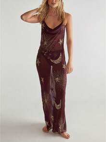 Women Sparkly Sequin Sheer Maxi Dress Sleeveless Draped Front Shinny Sun Moon Beaded Spaghetti Straps Mesh Long Dress Summer Beach See Through Backless Cover Up One Piece - 棕色 - 查看 1