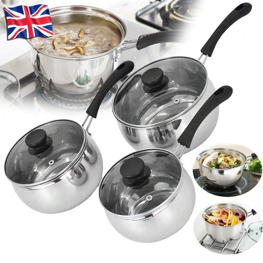 3 X Saucepan Set Stainless Non Stick Induction New Deep Saucepan Sets Pots Pans - Silver - View 1