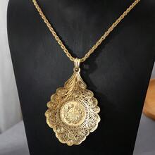 1pc Women's Gold Plated Necklace, Hollow Pattern Carved Pendant, 60cm Braided Chain, Algerian Traditional Wedding Accessory - Golden - View 4