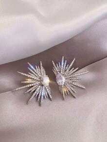 1 Pair Rhinestone Wing Stud Earrings, Sparkling Firework Design, Suitable For All Occasions, Great Gift Choice - Silver - View 2