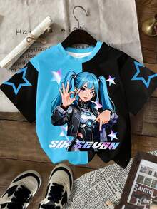 女童休闲时尚彩色K-POP女团字母星星印花T恤，K-POP风格印花服装，彩色卡通人物，黑紫拼接，K-POP粉丝礼物，圆领音乐时尚女童T恤，男女通用SK，姐妹装，适合度假、派对、日常穿着、演唱会、夏季圆领短袖T恤，Y2K风格女童上衣，星光少女衬衫 - 藍色 - 查看 4
