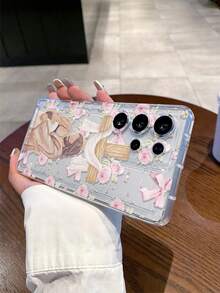 1pc Fashionable Creative Full-Screen Pink Rose Flower Cross Priest Couple Pattern Transparent Air Cushion TPU Shockproof Phone Case, Suitable As Holiday Gift Compatible With Samsung Galaxy S22/23/24/25/A05/A05S/A53/A54/A55 And Other Models - Multicolor - View 4