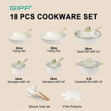 GiPP 14/18 Piece Ceramic Pots And Pans Set Non Stick - Nonstick Cookware Set, Healthy Kitchen Cooking Set Frying Pans Set, Free(White) - White - View 3