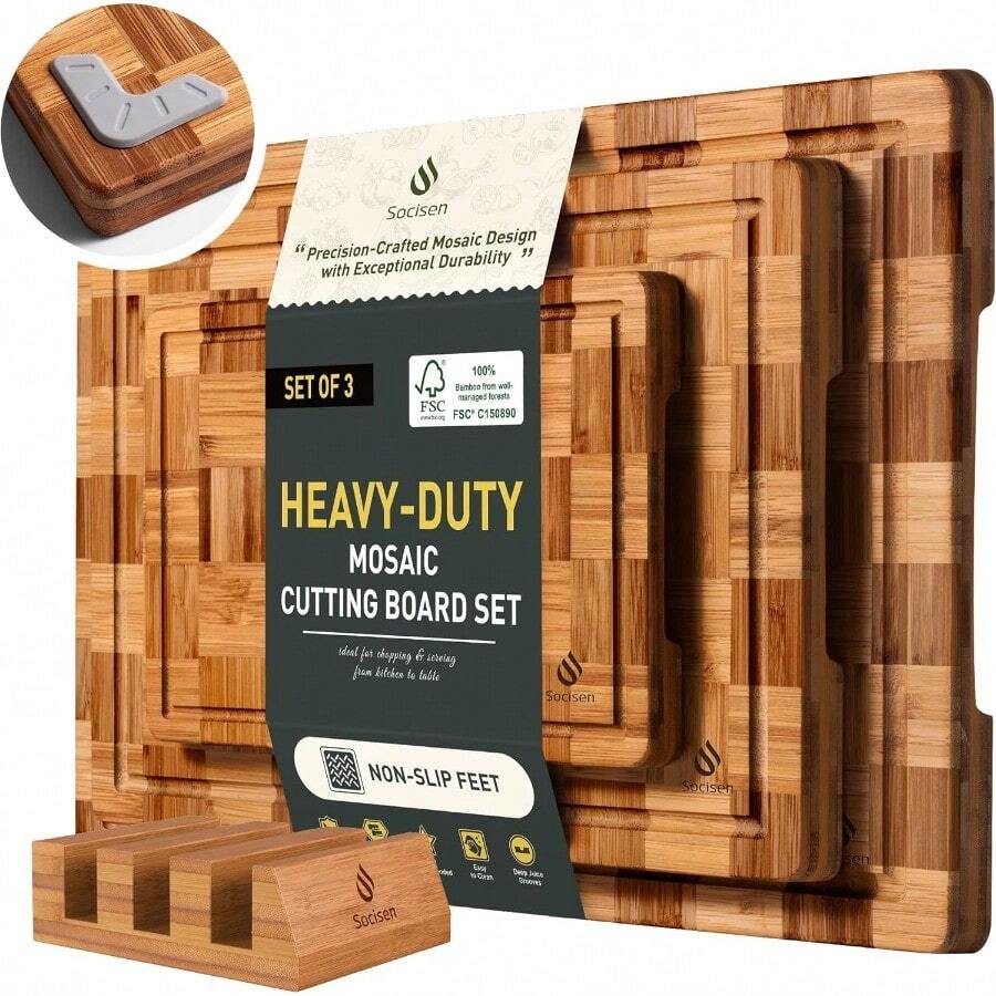 3 Pack Heavy Duty Bamboo Cutting Board Set Wooden Cutting Board For Kitchen Non Slip Solid End Grain Thick Wood Juice Groove Chopping Board Extra Large Butcher Block Best House Warming Gift - 多種尺寸(3 件組) - 查看 1