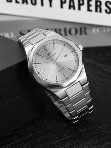 1pc Men's Quartz Watch, Octagonal Case Design, Full Steel Material Suitable For Commute And Daily Wear, Showcasing Understated Elegance - Silver - View 4