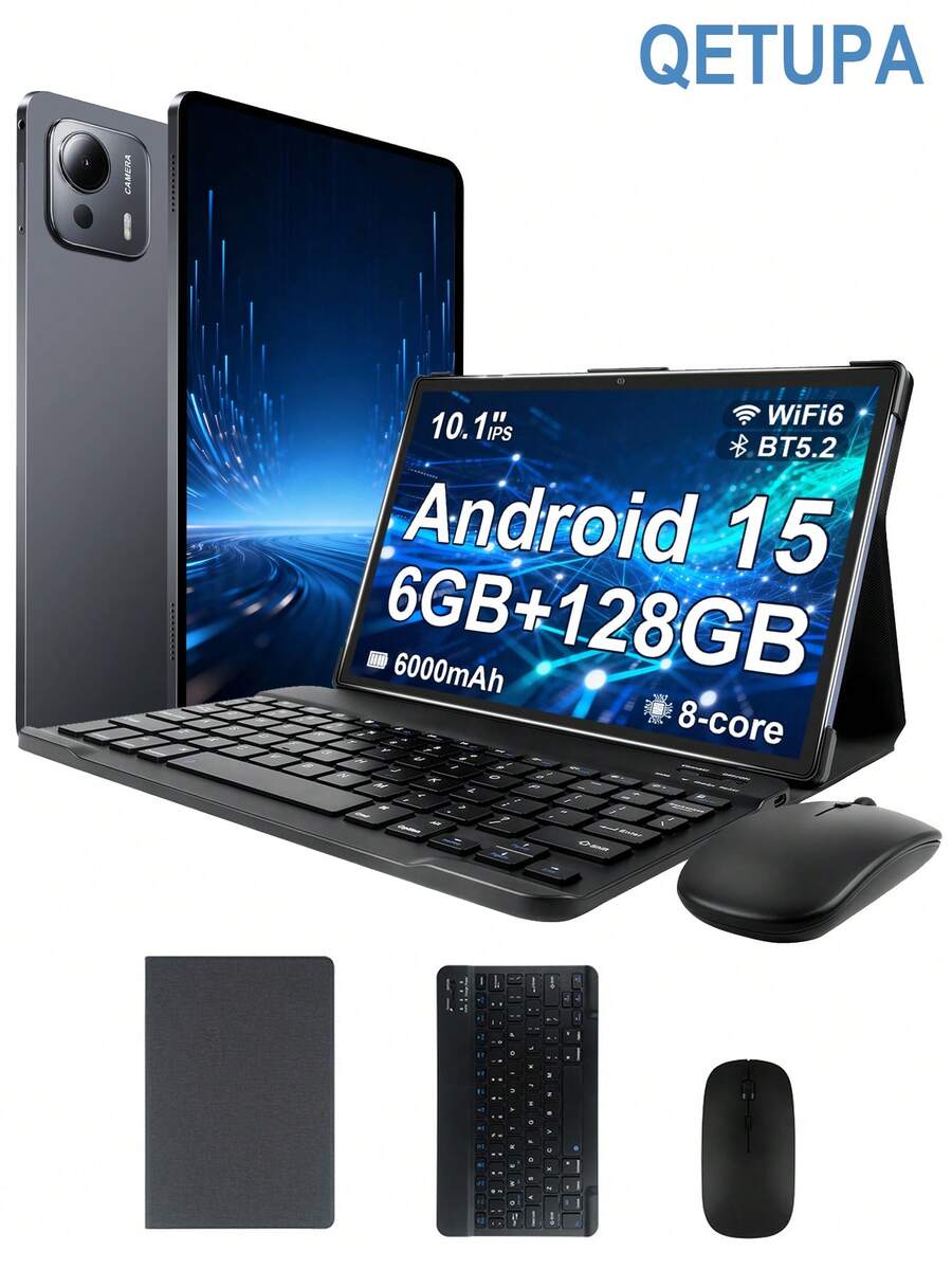 Qetupa Tablet PC Android 15 de 10.1 pulgadas, con funda protectora, ratón y teclado, 6GB de RAM + 128GB de almacenamiento (ampliable a 1TB a través de tarjeta MicroSD), procesador MTK6771 Octa-Core de 2.0GHz, pantalla táctil HD (1280x800) IPS, cámara frontal de 5MP y cámara trasera de 13MP, batería de larga duración de 6000mAh - Negro - Ver 1