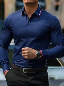 Men's Golf Polo Shirt, Fashion Business Casual Printed Short Sleeve Polo With Button Design - Navy Blue - View 1